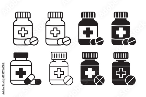 Medicine bottle and pill icons, medicine, pharmacy, health, and medical vector symbols. black outline and solid style.