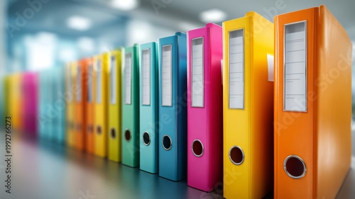 Colored folders aligned in row, clean office background