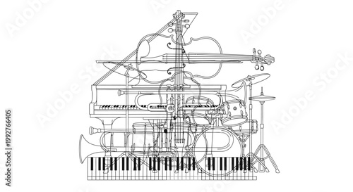 Abstract illustration of diverse musical instruments arranged in a stack