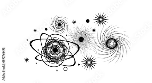 Abstract illustration of swirling shapes and stylized celestial elements