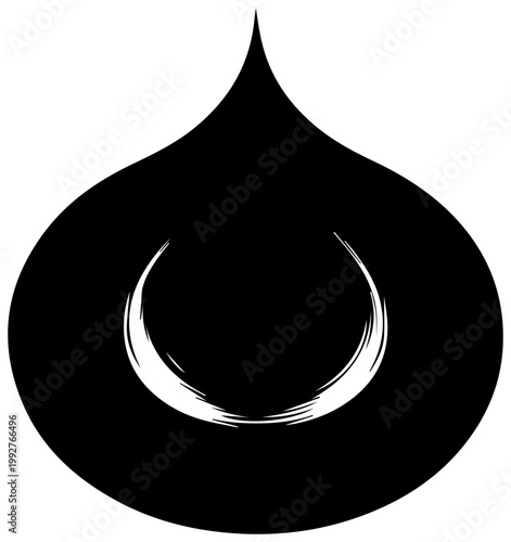Abstract symmetrical black droplet shape with crescent moon brush strokes inside evoking mystical fluidity and cosmic harmony isolated on white background for versatile design