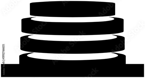 Abstract stack of black and white geometric cylinders and coins representing data storage financial growth or digital information architecture with clean lines and minimalist