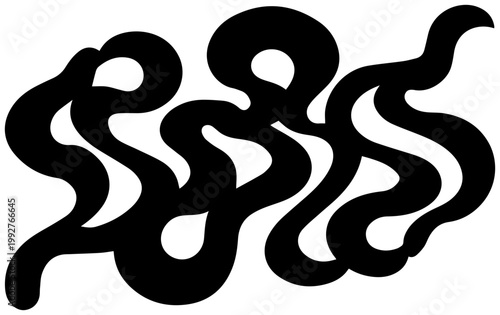 Bold abstract flowing black organic shapes resembling a stylized continuous worm or ribbon creating a dynamic modern and minimalist graphic design element on a clean white
