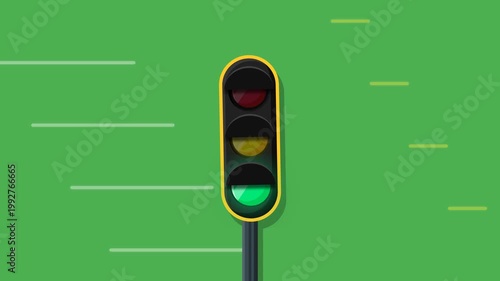 Stylized 2D Animation of Traffic Light Changing from Red to Yellow on Green Background