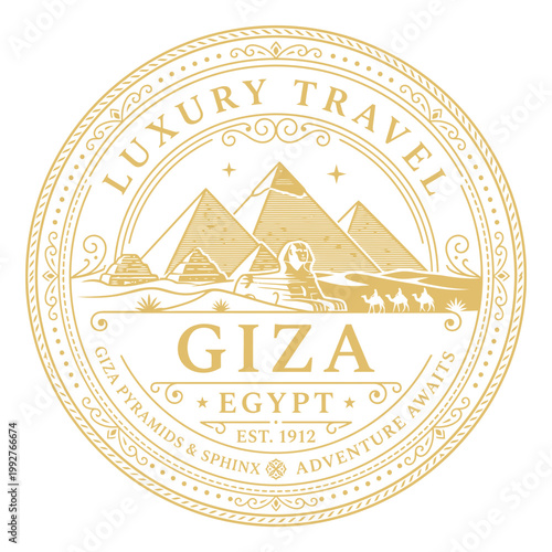 Gold Giza Egypt travel emblem with pyramids and sphinx vector illustration