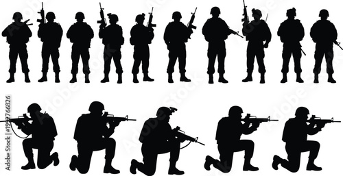 Collection of soldier silhouettes standing and kneeling with rifles, military infantry tactical poses, army commando vector set on white background,