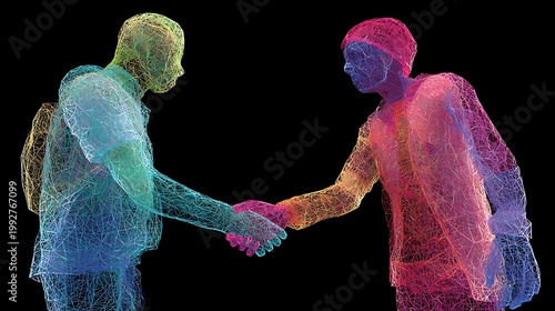 3d render of two human figures with glowing blue and purple light on black background