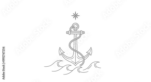 Anchor illustration with waves and star element isolated on white background