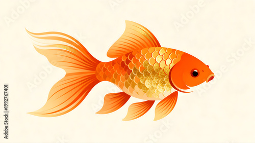A detailed illustration of a bright orange and golden goldfish with long, graceful fins and tail, set against a simple neutral cream background.