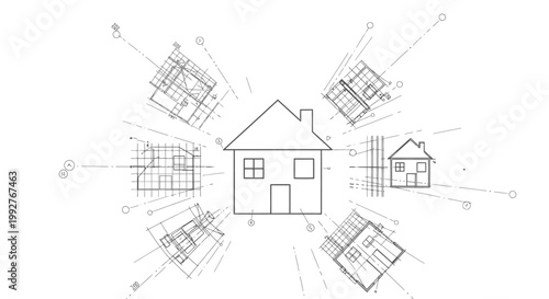 Architectural design concept house surrounded by blueprints and drawings