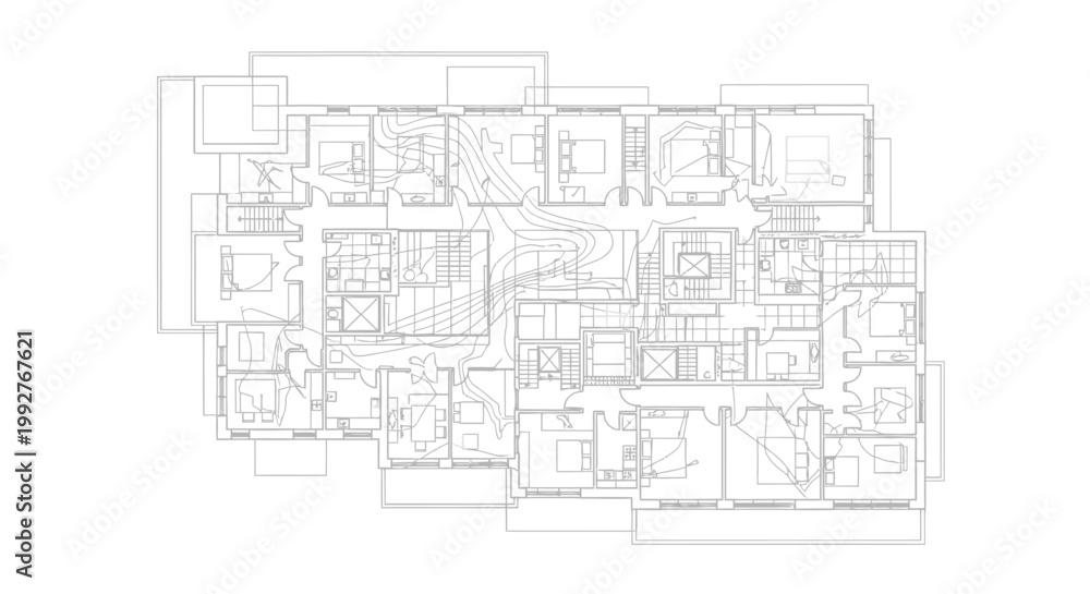 Fototapeta premium Architectural floor plan schematic of a building with multiple rooms and layouts