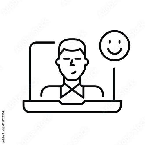 Man on video call on laptop and smiley face. Podcast and conference quality satisfaction. Pixel perfect, editable stroke vector icon