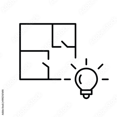 Apartment blueprint and light bulb. Interior design and smart living solutions. Pixel perfect, editable stroke vector icon