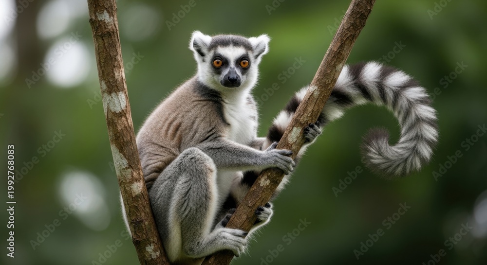 Fototapeta premium Ring-tailed lemur sitting on tree branch in forest habitat