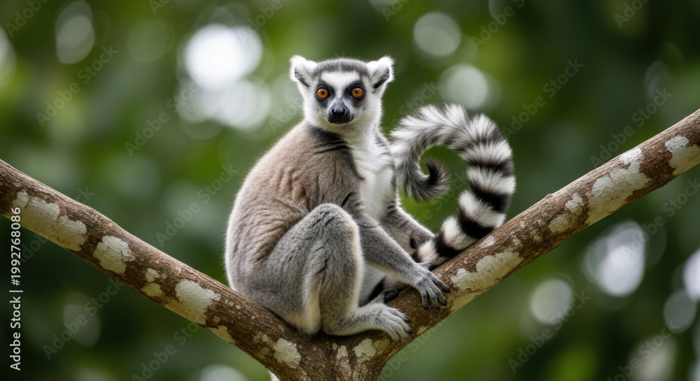 Fototapeta premium Ring-tailed lemur sitting on a tree branch with a curious expression
