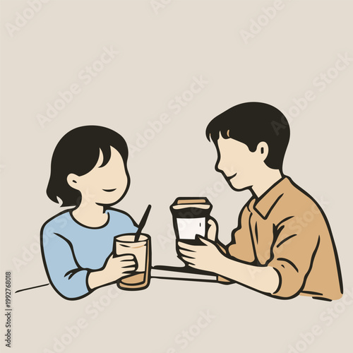 Minimal line illustration of couple drinking coffee and talking in cafe lifestyle scene