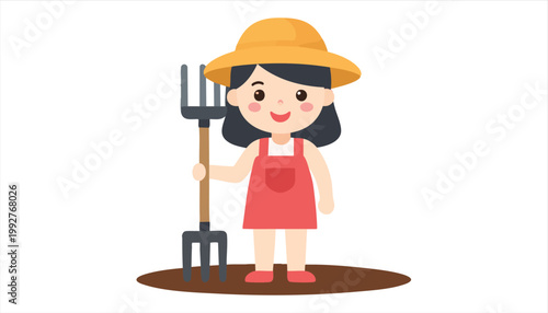 Cute Cartoon Farmer Girl with Pitchfork and Hat.