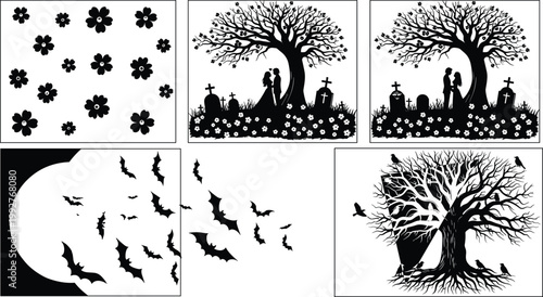 Gothic silhouette illustration with graveyard, bats, moon, flowers, couple, tree, coffin, birds, dark romantic art, spooky nature design