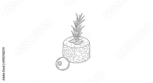 Artistic rendering of a food item with a sprig of herb and a sphere