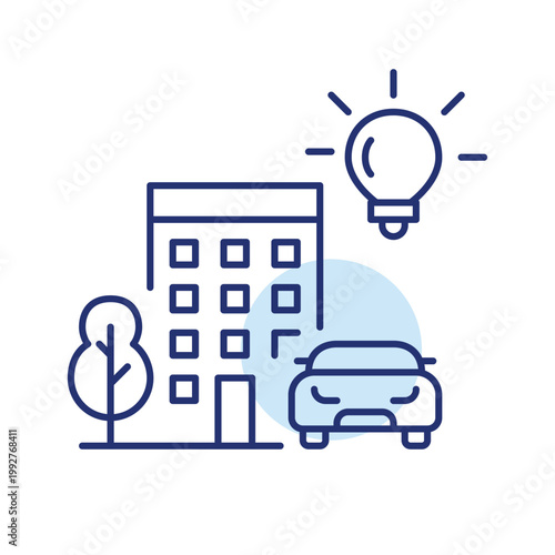 Building with tree, car and light bulb. Smart city, urban infrastructure. Pixel perfect, editable stroke vector icon