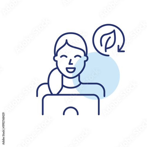 Woman at laptop, working or studying, leaf in renew arrow. Green workflow, sustainable computing. Pixel perfect, editable stroke vector icon