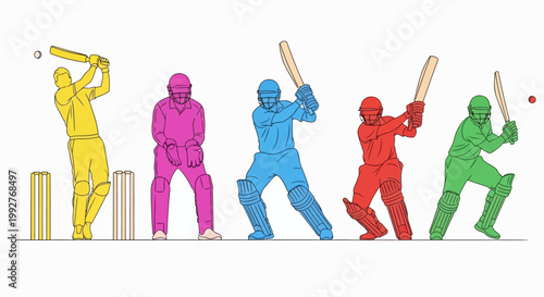 Set of colorful cricket players batting in different poses