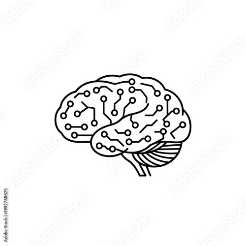 Artificial Intelligence Brain Outline Icon – Minimal Black and White Tech Vector