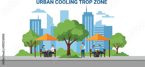 People relaxing under umbrellas in an urban cooling zone with tall buildings creating a scenic city backdrop.
