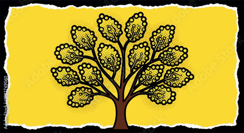 Stylized Family Tree Vector Illustration – Artistic Decorative Tree with Circular Ornate Leaves on Yellow Background, Vintage Hand-Drawn Style for Genealogy, Heritage, and Growth Concepts