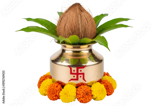 Hindu Kalash with Coconut and Mango Leaves Decorated with Marigold Flowers and Swastika Symbol