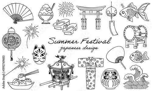 日本の夏祭りモチーフ線画セット｜祭り 花火 金魚 浴衣 提灯 和風 ベクター