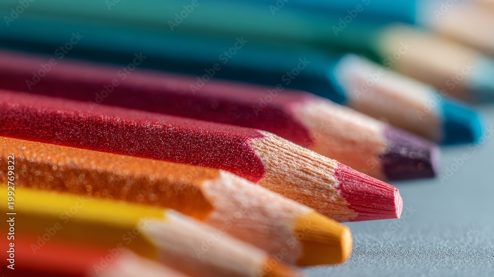 Fototapeta premium Closeup of colored pencils aligned in a row