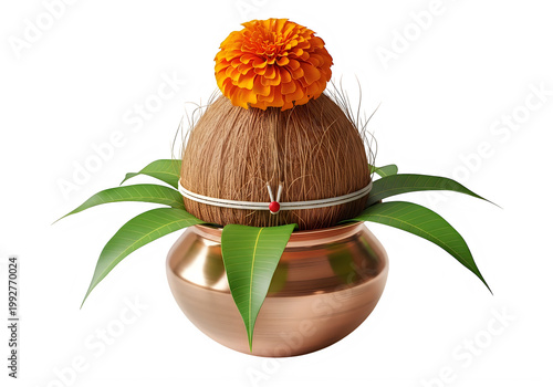 Traditional Indian Kalash decorated with coconut and marigold flower for religious rituals, isolated on white