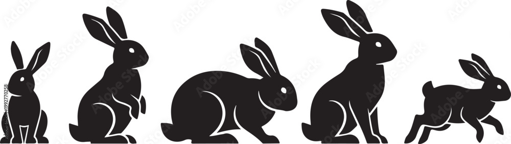 Obraz premium Four black rabbits in varying poses create a striking visual silhouette high quality