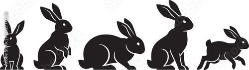 Four black rabbits in varying poses create a striking visual silhouette high quality