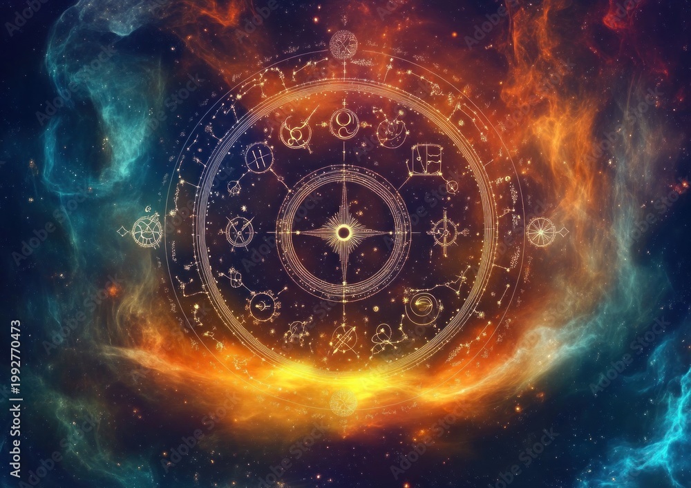 Obraz premium Mystical glowing celestial wheel of zodiac symbols and constellations floating over a fiery orange and teal nebula, evoking cosmic wonder and serene mystery
