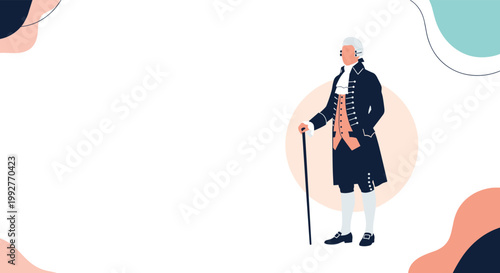Distinguished gentleman from the eighteenth century poses in a traditional formal suit with a white wig and a walking cane in his hand.