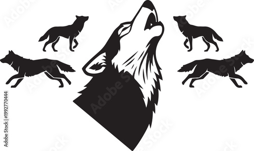 A pack of wolves howling at the moon a striking black silhouette