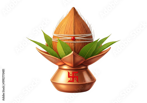 Hindu Kalash with Coconut, Mango Leaves and Swastika Symbol for Pooja and Auspicious Occasions