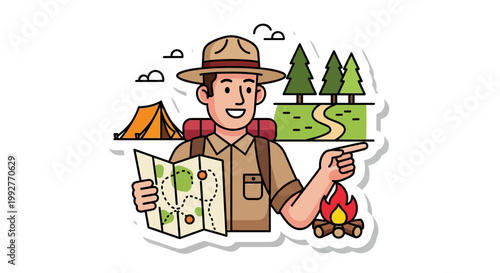 Flat design vector illustration of hiker reading map enjoying nature adventure lifestyle in sunny forest environment