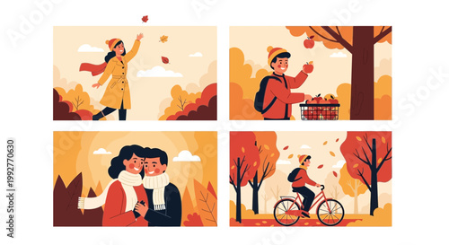 Flat design vector illustration of happy people enjoying autumn season activities in a vibrant park setting with warm sunlight