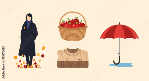 Flat design vector illustration of winter fashion lifestyle elements including woman coat sweater basket umbrella on a colorful outdoor scene