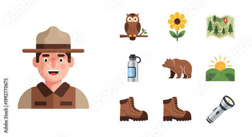 Flat design vector illustration of hiking adventure characters exploring nature with camping gear under bright sunlight for outdoor lifestyle marketing