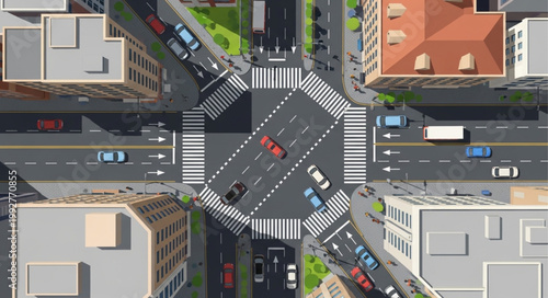 Aerial View of Busy City Intersection with Traffic and Buildings.