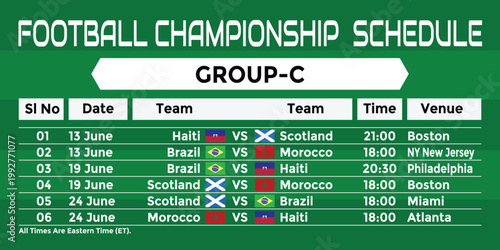 2026 World Football Tournament Group C Match Schedule Printable Wall Chart. Brazil, Morocco, Haiti, Scotland Match fixtures. USA Mexico Canada Football Championship Poster.