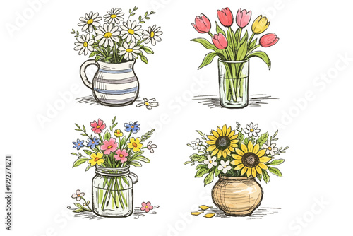 Hand drawn flowers in vases, featuring sketched style flower bouquets, reflect a naive design associated with spring and summer botanical art.