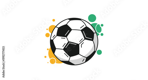 Traditional black and white soccer ball surrounded by vibrant orange and green graphic circles on a plain white background for sports concepts.
