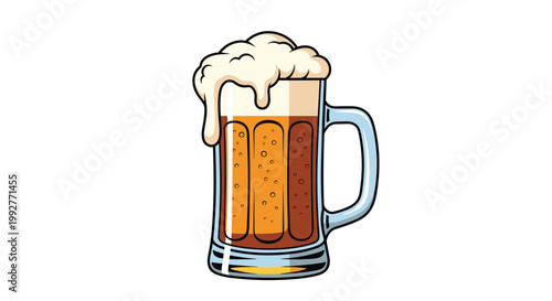 Large glass mug of golden beer with a thick white foam head spilling over the side isolated on a clean white background for brewery themes.