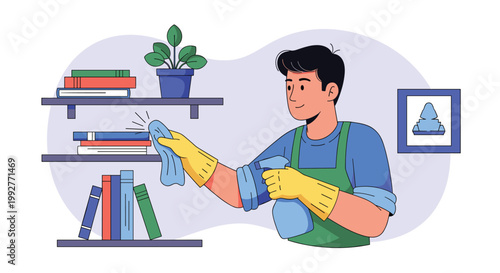 Smiling man in a green apron wearing gloves and using a spray bottle to clean a bookshelf filled with books as part of his household chores.