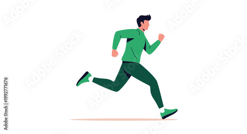 Healthy young man in green sportswear running or jogging with a determined expression against a white background for fitness and exercise themes.